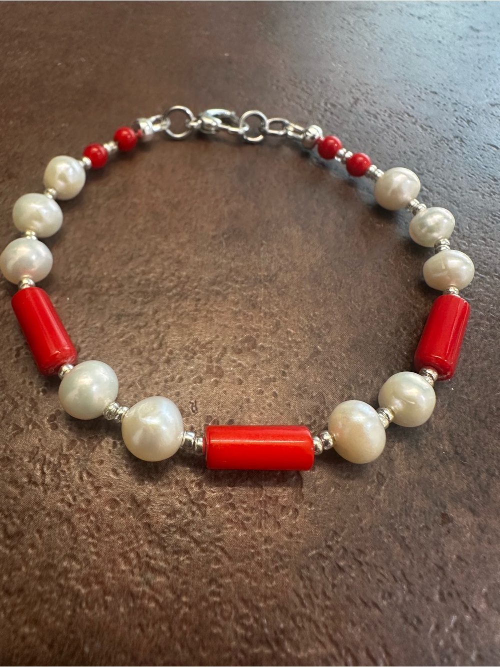 Pearl and Red Coral Bead Bracelet - Elegant Women's Jewelry